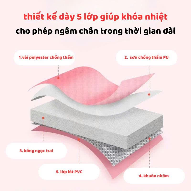 5 lớp: vải polyester chống thấm, phủ PU, bông ngọc trai, màng nhôm, lót PVC